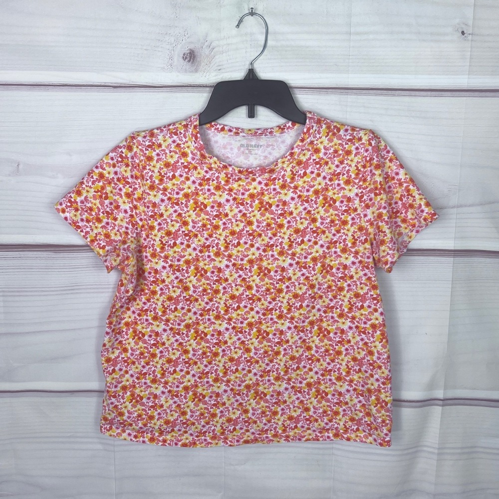Old Navy Top Womens M Orange Floral T-Shirt Everywear Crew Neck Short Sleeve